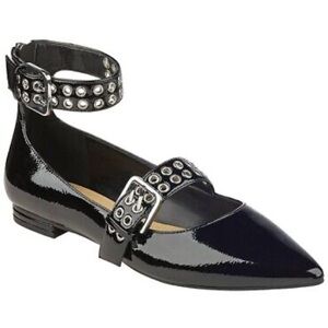 Marc Fisher Alen Two Strap Grommet Black Patent Leather Flat Point Toe